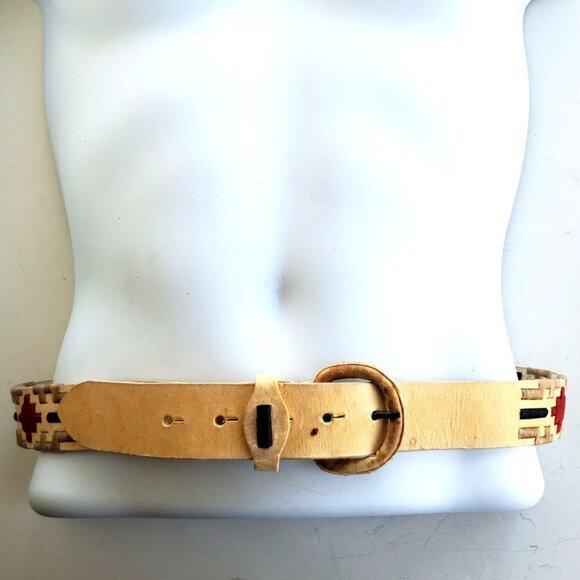Vintage Handmade Rustic Cowhide Belt Mens Medium Wax Thread Embroidery - Picture 3 of 9